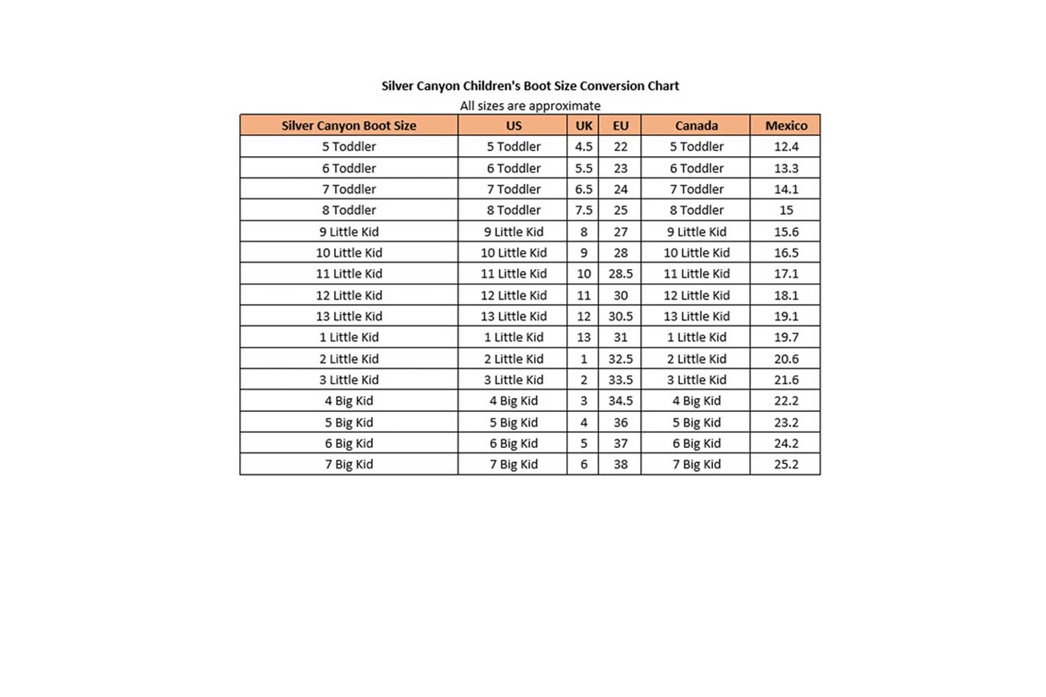 Youth cowboy boot size on sale chart