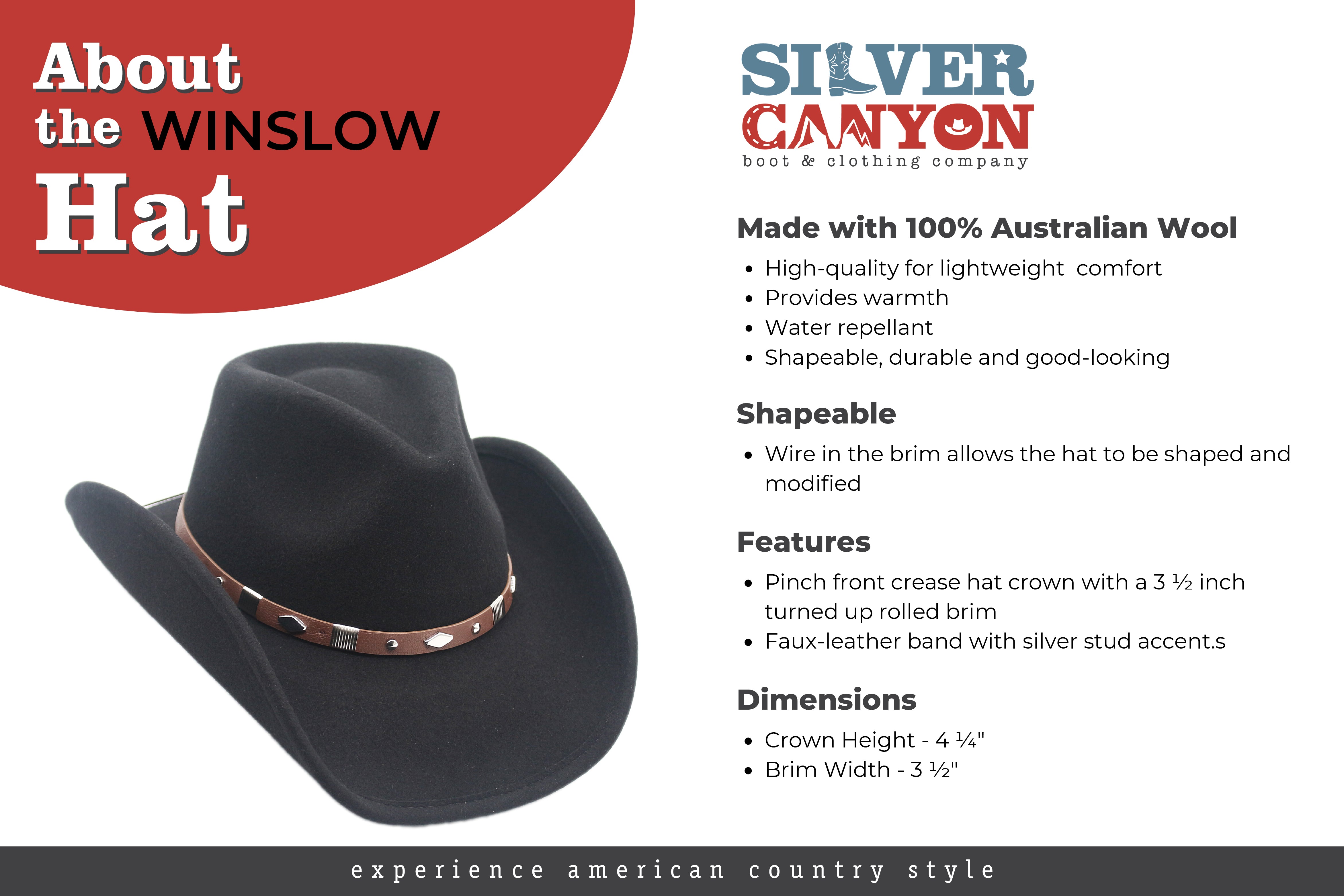 Winslow Shapeable Wool Felt Outback Western Style Cowboy Hat by