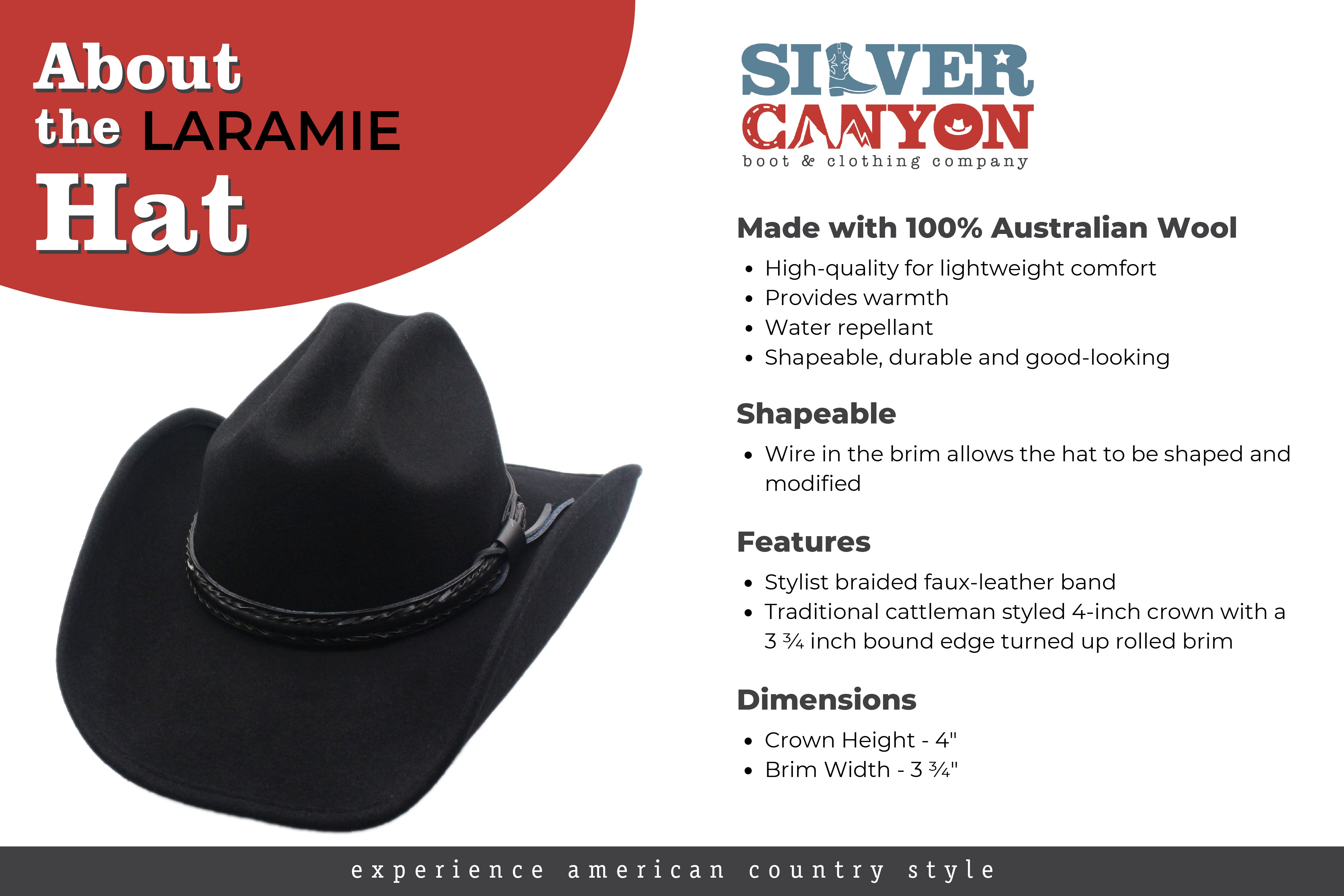 Men's Wool Cowboy Hat Laramie Shapeable Western Felt Hats By