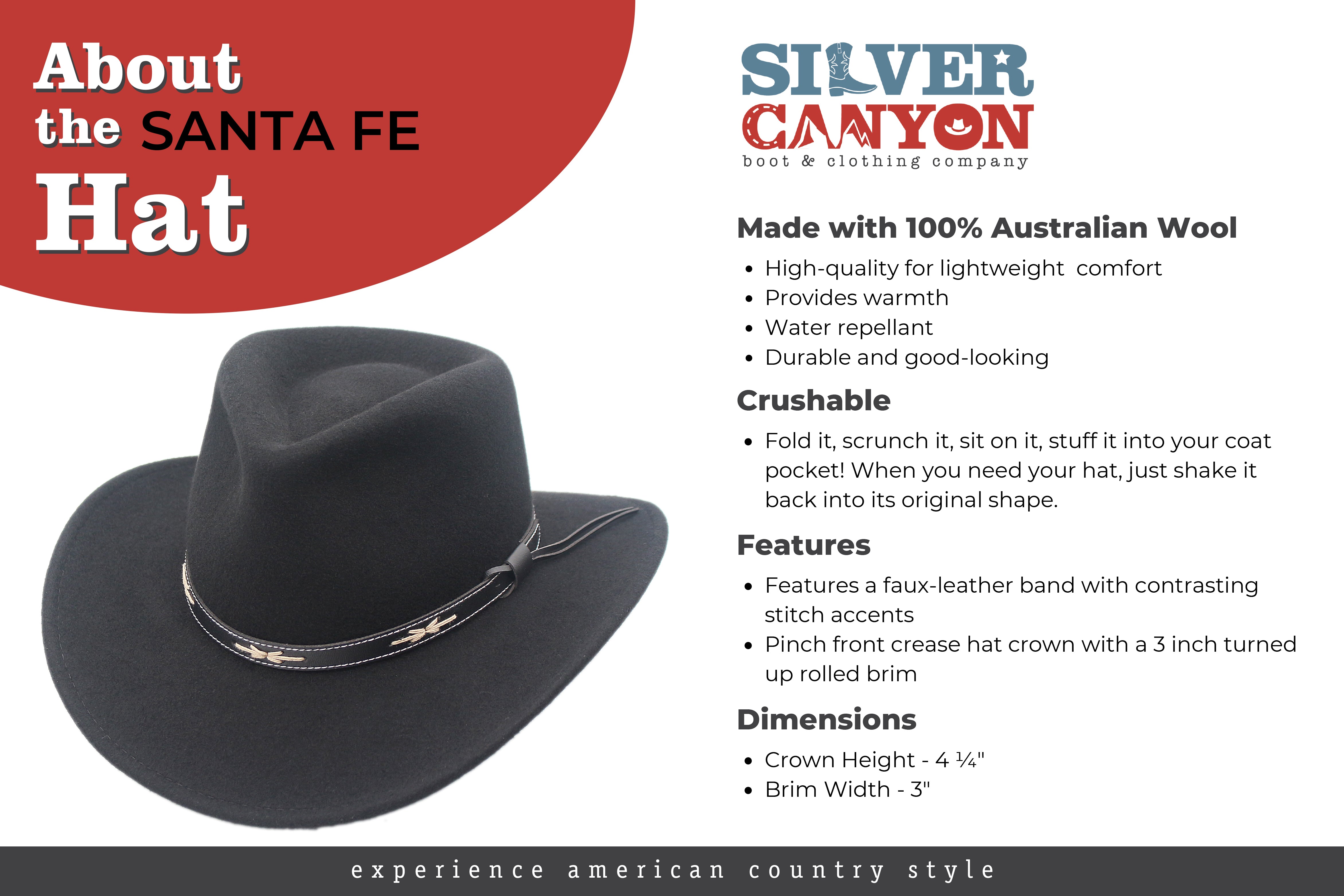 Santa Fe Crushable Wool Felt Outback Western Style Cowboy Hat by Silver Canyon